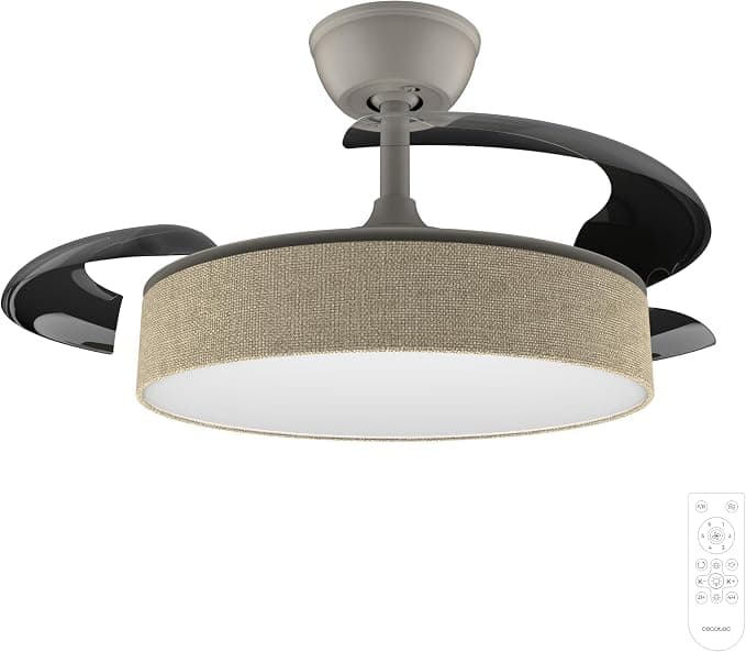 Ventilador de techo Cecotec Ventilador de Techo con Luz con 3 Aspas Retráctiles EnergySilence Aero 3666 Invisible Textile. 30W, Motor DC, Diámetro 36", 3 Tonos LED, Mando, 6 Velocidades, Temporizador, Diseño en Tela