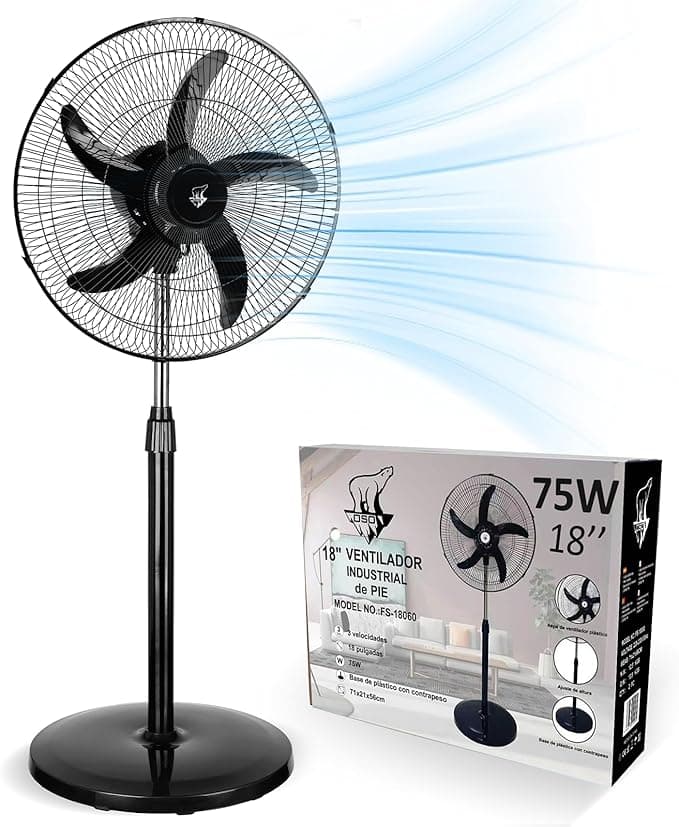 Ventilador de Pie Industrial 75W, Aspas de 45 cm (18"), 3 Velocidades Ajustables, Silencioso, Oscilante, Altura Regulable, Base Reforzada, Adecuado para Hogar, Oficina y Almacén, Negro