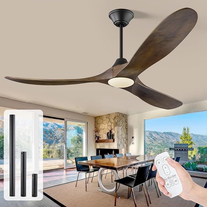 Ventilador de techo para exteriores de 152cm con luz, ventilador de techo de madera vintage con control remoto, ventilador de techo de hélice de 3 aspas, apto para uso en interiores y exteriores