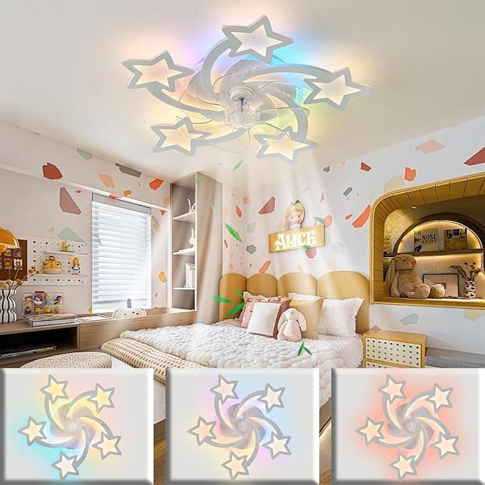 Lampara Ventilador Techo Dormitorio Infantil Niños, Ventilador Techo Con Luz Y Mando A Distancia Silencioso, Ceiling Fan With Light Con Luz Rgb Regulable 6 Velocidades Para Sala, Comedor Blanco