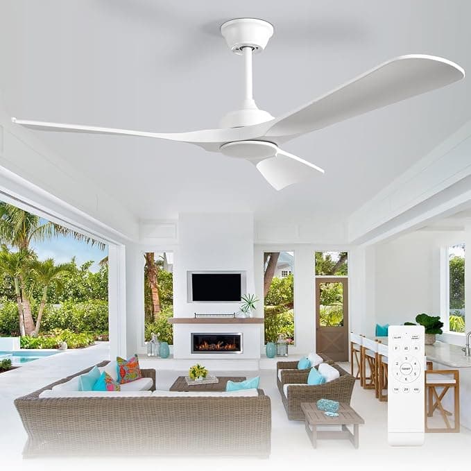 Ventilador de techo Depuley Ventilador de techo sin luz: Ventilador de exterior de 52 pulgadas con control remoto por para porches y terrazas - Ventilador de techo blanco sin luz, reversible, 6 velocidades