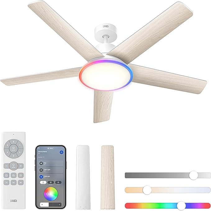 Ventilador de techo Dreo Ventilador de techo inteligente, 132 cm, 12 velocidades, 3 modos de ventilación, LED regulable con cambio continuo de color, temporizador 12 h, motor CC silencioso, control remoto/APP/Alexa