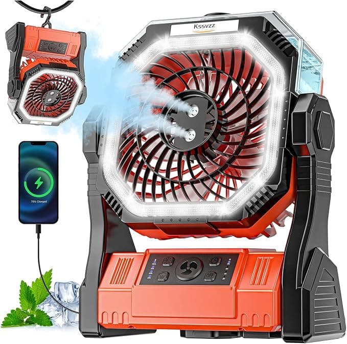 Ventilador de techo Ventilador de Camping con Nebulizador, Portatil Ventilador USB Recargable | 20000mAh Ventilador de Mesa 4 Velocidades con Temporizador, LED y Ganchos(270 ° Rotación) para Viajes, Picnics y Pesca