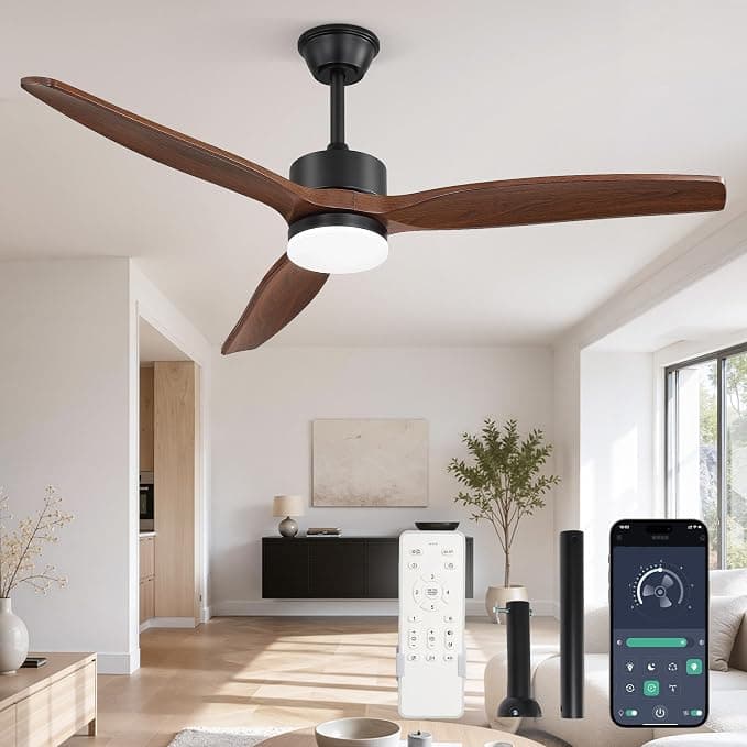 Ventilador de techo ZMISHIBO Ventilador de Techo con Luz 132 cm, 3 Aspas ABS Color Nogal, Motor DC Silencioso 35 dB, LED Regulable 3000–6000K, App y Mando, 6 Velocidades, con Barras de Suspensión