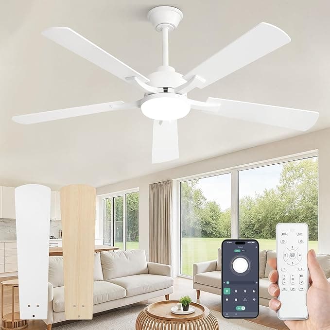 ZMISHIBO Ventilador techo Silencioso,Ø132 cm Ventilador de Techo con Luz control por control remoto/APP,6 Velocidades,3 Temperaturas de Color,Motor DC Reversible,Brillo regulable del 10% al 100%
