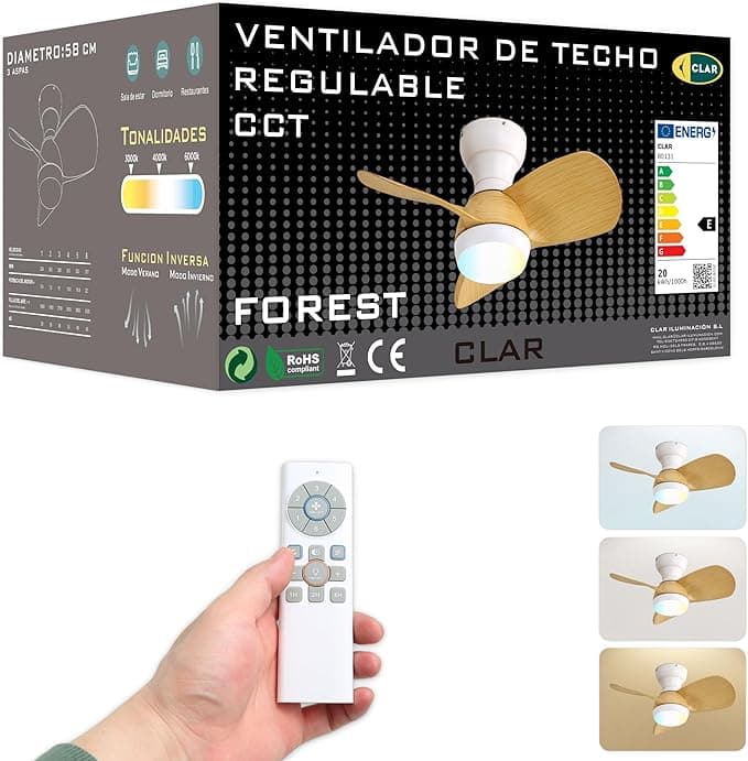 Ventilador de techo CLAR - Ventilador de Techo con Luz Pequeño, Ventilador Techo Silencioso para Habitación Pequeña con Mando y Motor Reversible, Ceiling Fan with Light
