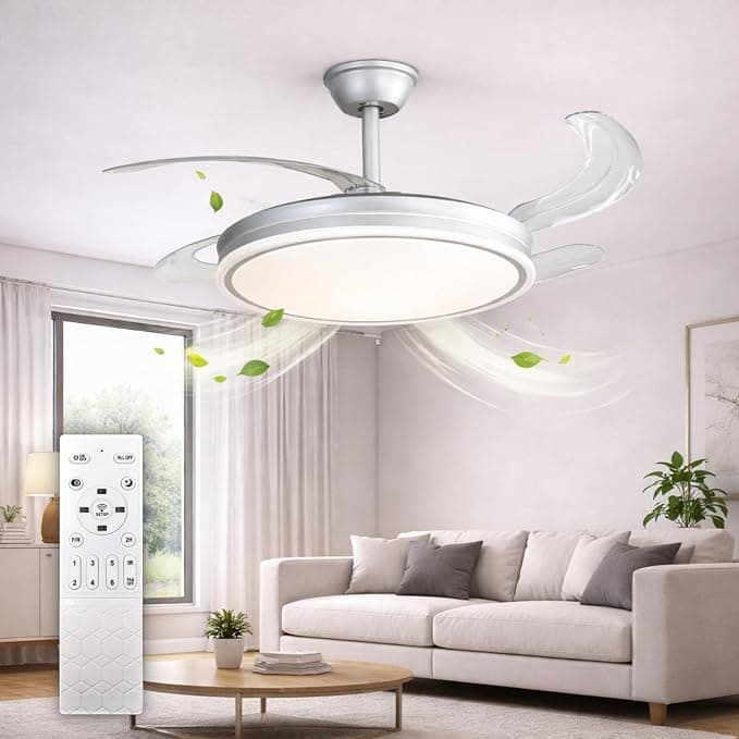 Ventilador de techo CLAR Ventilador Techo Aspas Retráctiles, Ventilador de Techo con Luz, Silencioso con Mando, Aspas Plegables y Motor Reversible, Ceiling Fan with Light (Níquel, 48W)