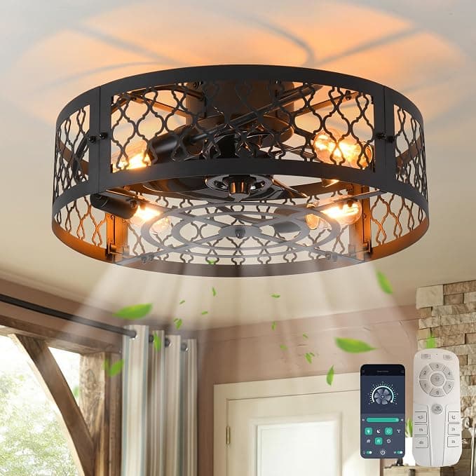 Ventilador de techo Ganeed Ventiladores de Techo con Luces Estilo Industrial Granja Ventilador Techo 50cm Iluminación Jaula Metal Montaje Superficie con Control Remoto APP para Dormitorio Cocina Isla Negro 4 Luces