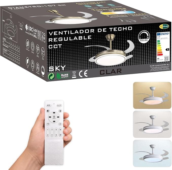 Ventilador de techo CLAR - Ventilador Techo Aspas Retráctiles, Ventilador de Techo con Luz, Silencioso con Mando, Aspas Plegables y Motor Reversible, Ceiling Fan with Light (Cuero, 48W)