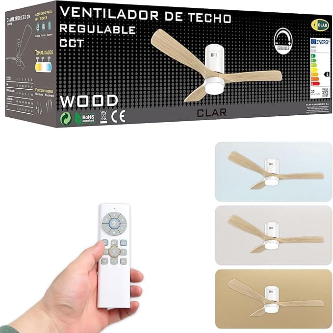 Ventilador de techo CLAR Ventilador de Techo con Luz, Ventilador Techo Madera Silencioso con Mando y Motor Reversible, 6 Velocidades, Ceiling Fan with Light